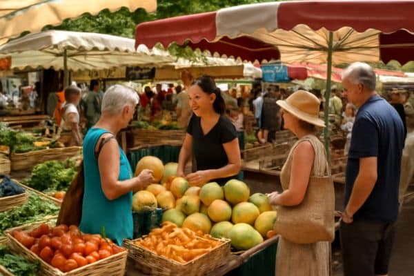 stand et touristes dans un marché landais