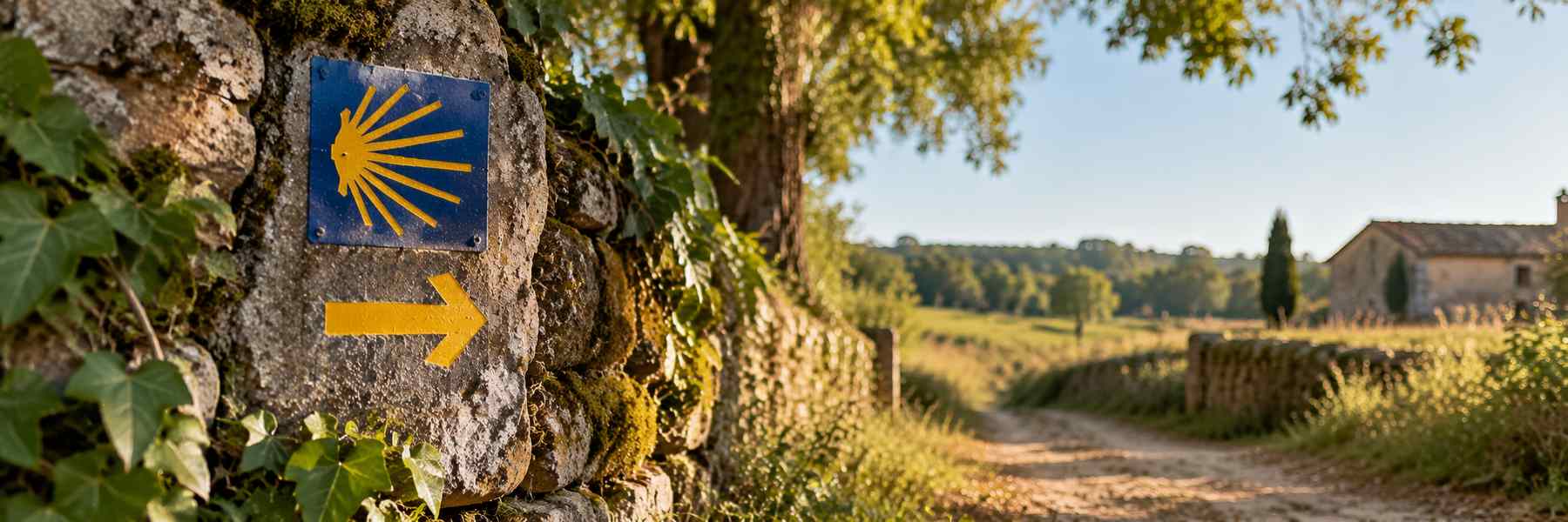 Balise à la coquille et flèche jaune indiquant le chemin de Compostelle