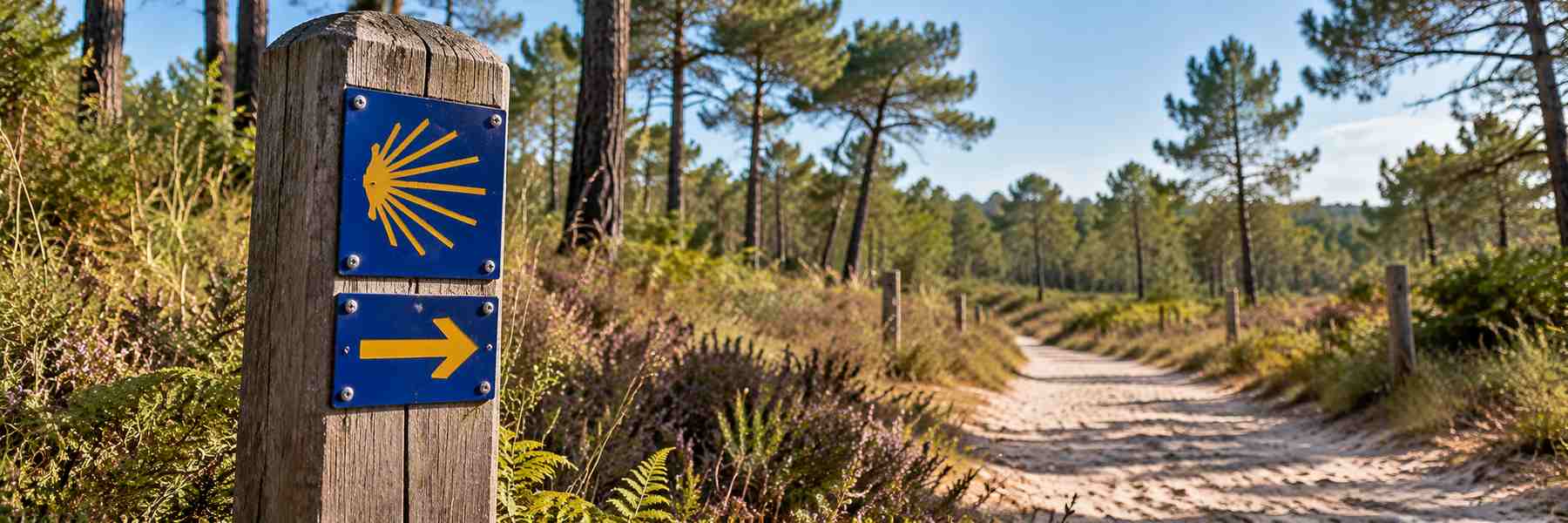 Balise à la coquille de la voie du littoral vers Compostelle, en pinède landaise